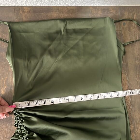 Neck Ruched Drawstring Knot Asymmetrical Satin Cami high thigh slit Dress - Picture 13 of 15